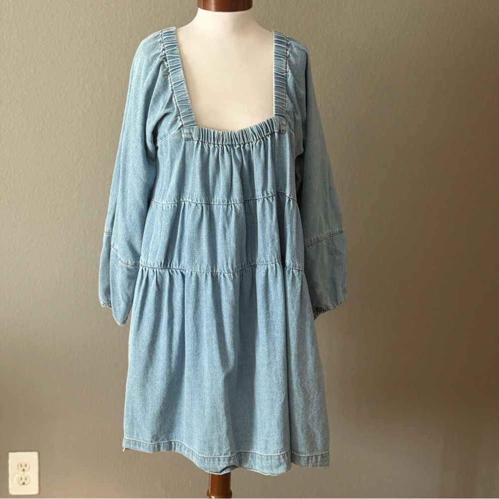 Free People Blue Jean Babydoll denim mini dress Sz XL Fall western boho chic - Picture 2 of 11